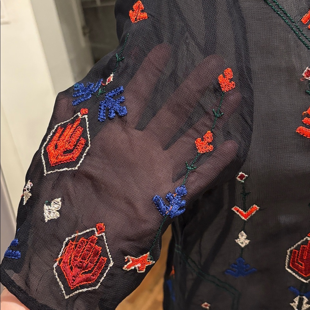 Lucky Brand Black Sheer Blouse with Red and Blue Embroidery - Picture 3 of 7